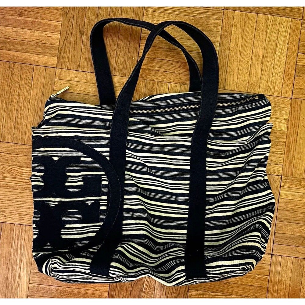 Tory Burch Navy White Striped Zip Top Tote Bag Double Handles Lined Pockets